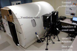 Exterior view of the mock up of the CRJ1000 cabin with speakers