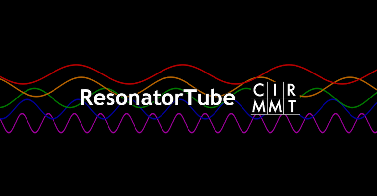 Bannière ResonatorTube ResonatorTube CIRMMT superposé à un fond noir, avec des lignes ondulées de différentes couleurs représentant des ondes sonores