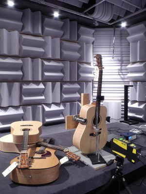 3 guitares dans une pièce traitée acoustiquement, placées à différents endroits, dont une devant un équipement de test laser