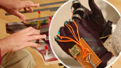 Instruments numériques : à gauche, des « règles » dont les dents peuvent être déplacées ; à droite, des « gants FM » munis de fils.