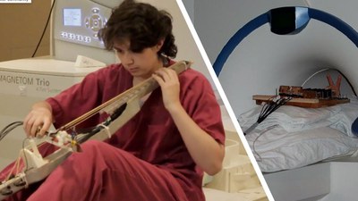 Partie gauche de l'image : Mélanie Segado jouant une interface du violoncelle, assise bien droite. Partie droite de l'image : sujet à l'intérieur d'un scanner IRM avec une interface de piano.