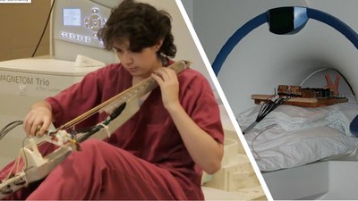 Partie gauche de l'image : Mélanie Segado jouant une interface du violoncelle, assise bien droite. Partie droite de l'image : sujet à l'intérieur d'un scanner IRM avec une interface de piano.