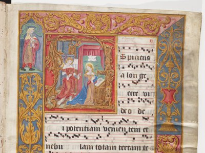 L'antiphonaire de Salzinnes, sur lequel figurent des notes de musique entourées d'illustrations